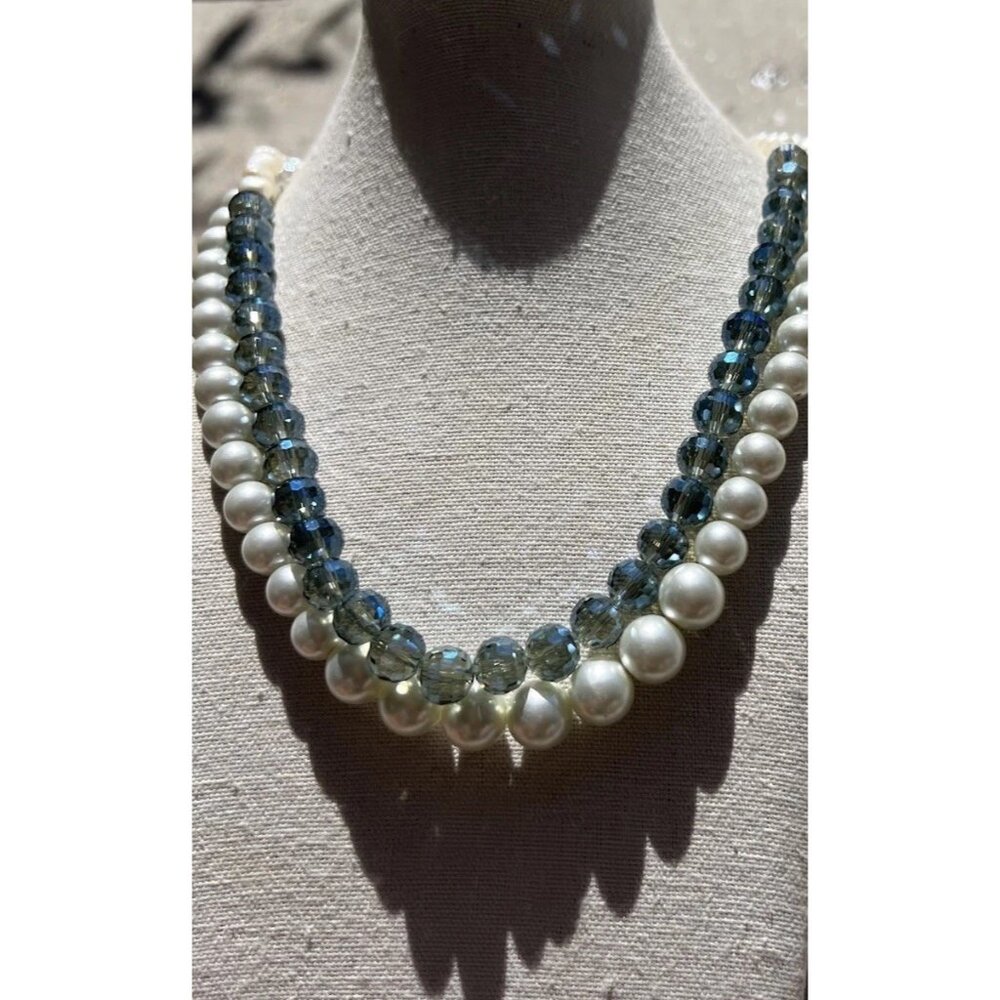 Vintage Layered Pearl Multi Layered White Blue Bead Round Glass Necklace Sz 22”